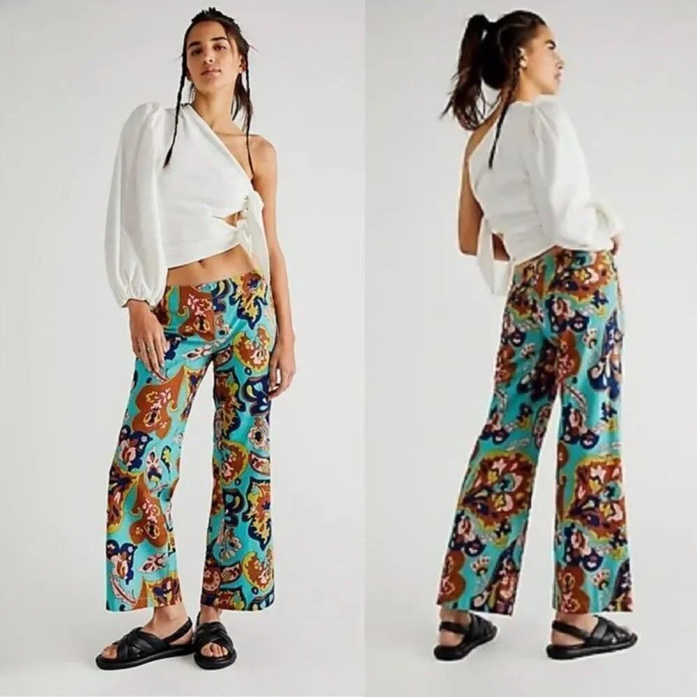 Free People Down & Out Floral Printed Flared Trousers Blue US 6 NEW